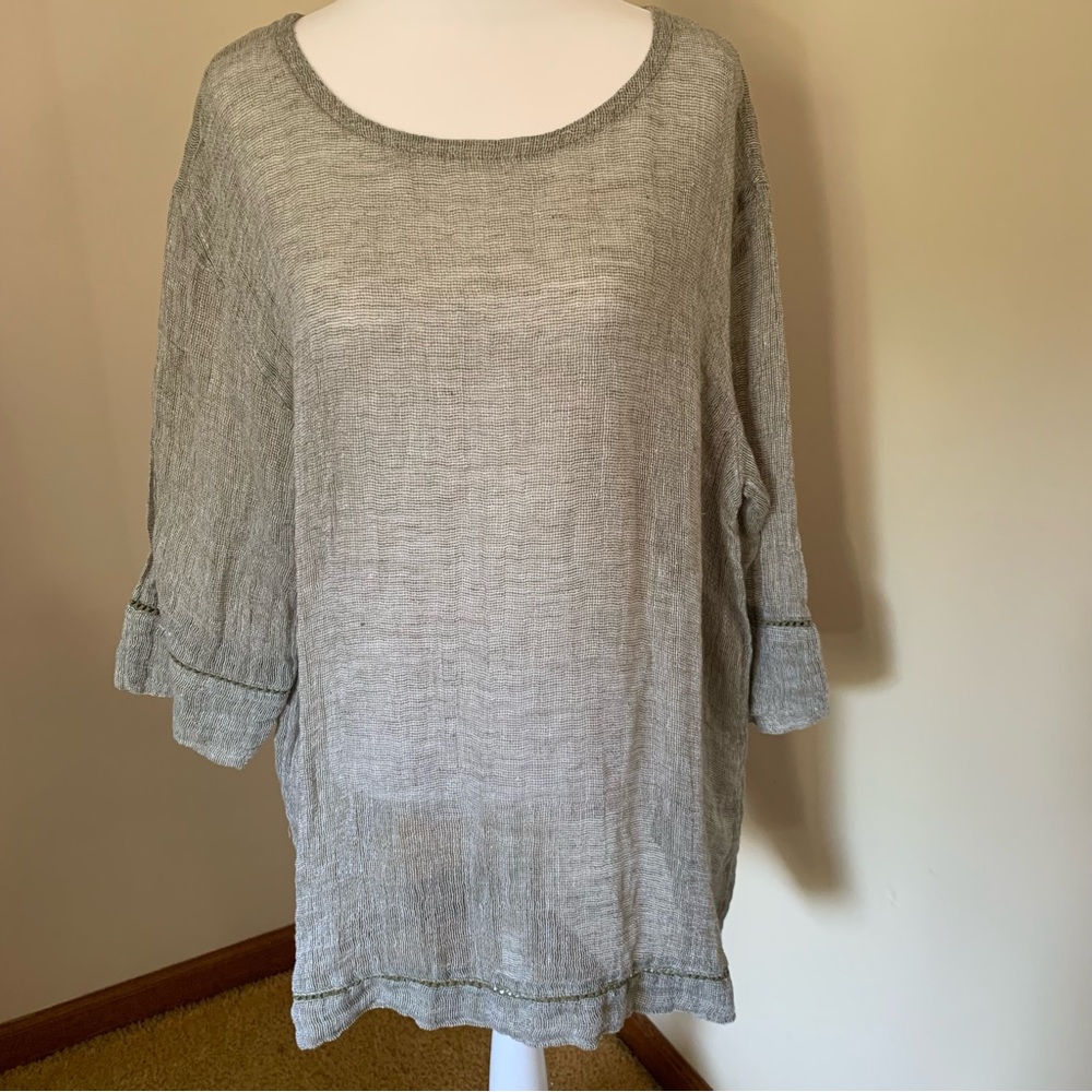 Pure J.Jill 100% Linen Gauzy 3/4 Sleeve Top Grey Beige Tone Size Large Tall NWT